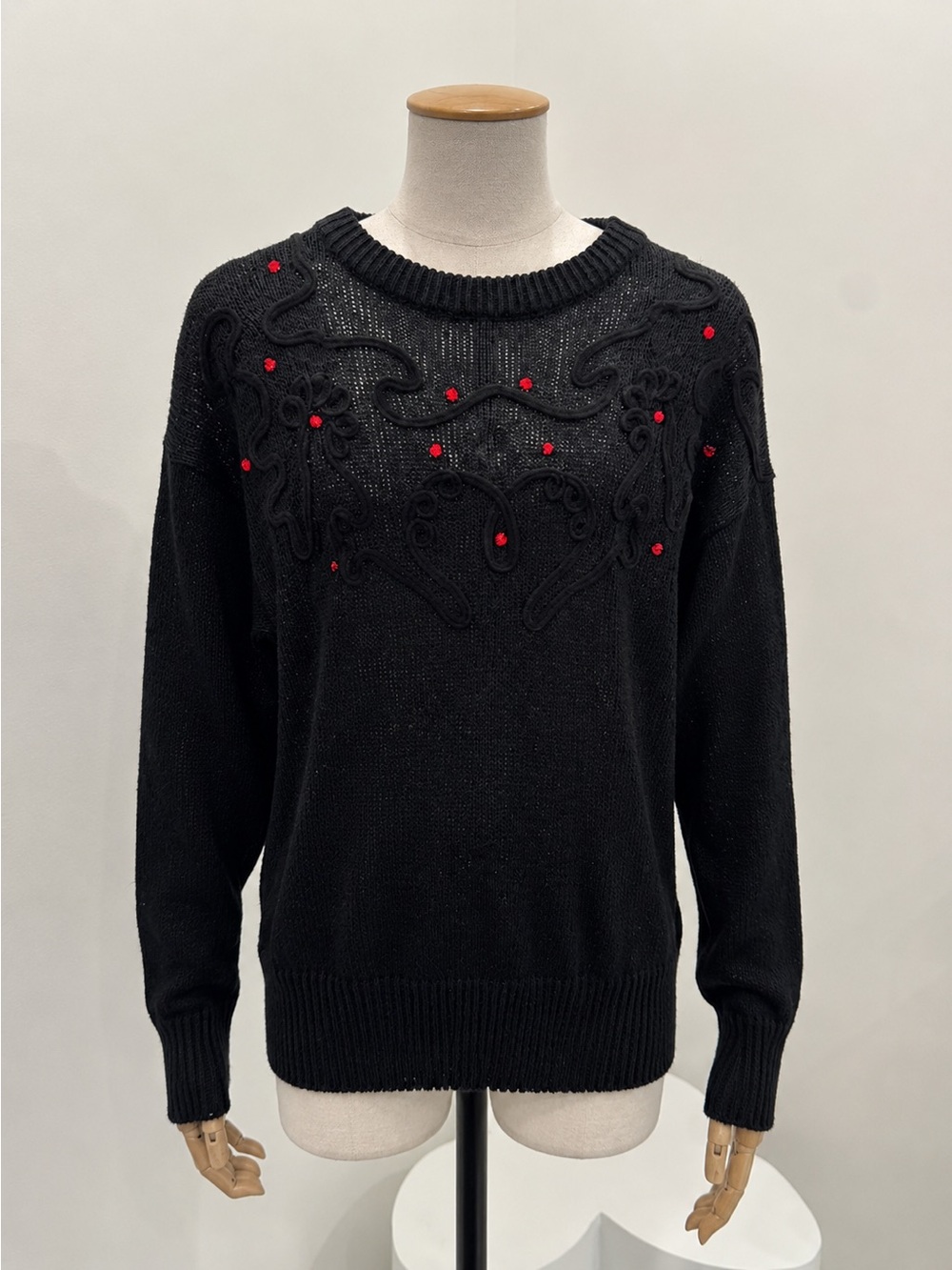 Glitz Black Crewneck Sweater with Red Bead Accents